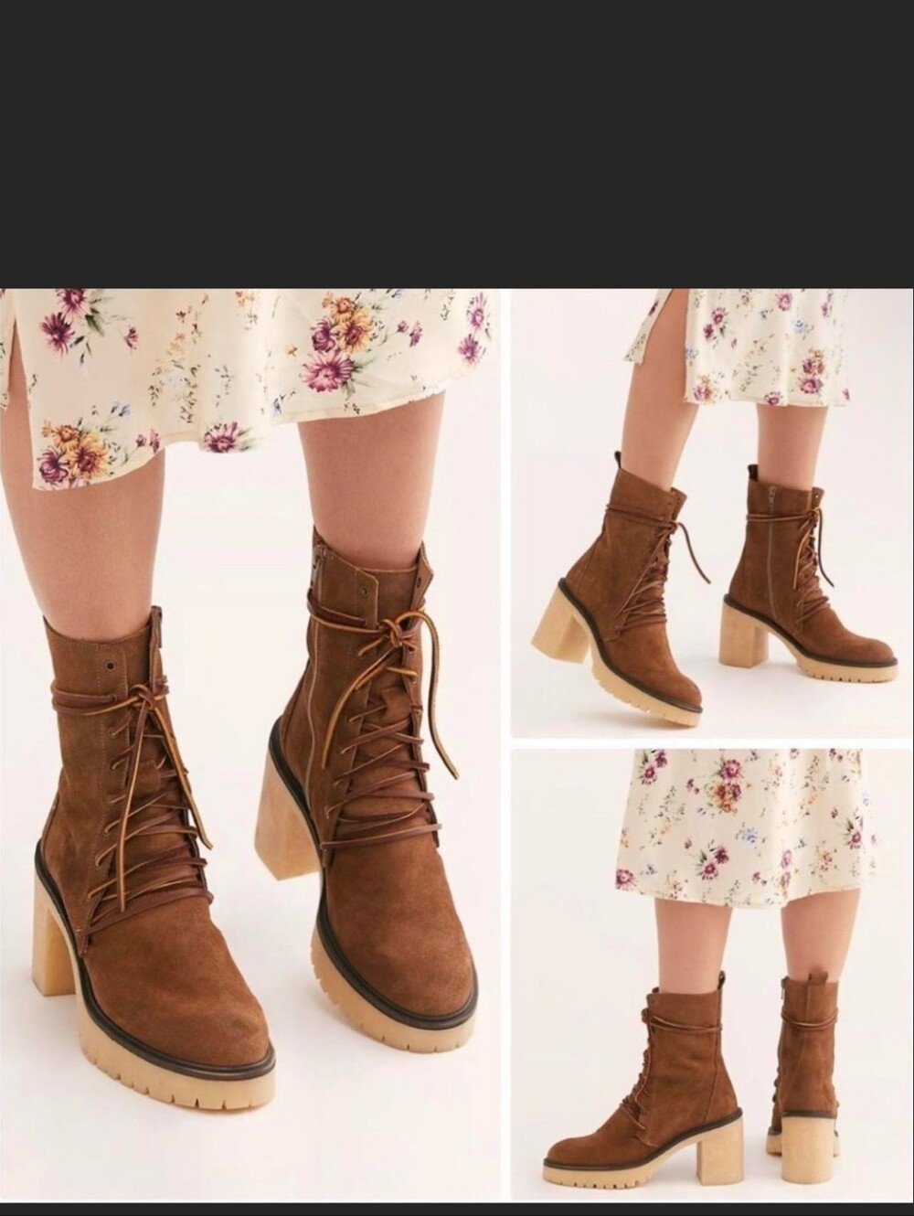 Free People Chestnut Brown Suede Lace-Up Block Heel Boots